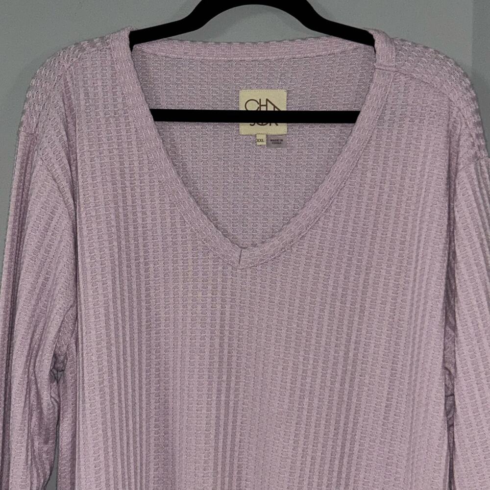 Chaser Womens Waffle Knit V-Neck Thermal Long Sleeve Top in Lilac, Sz XXL